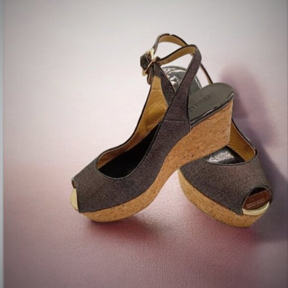 Sold Authenticated Jimmy Choo Praise Denim Peep-Toe Wedge, Navy Size 6 - Picture 1 of 7